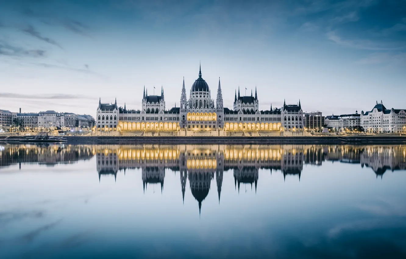Photo wallpaper water, reflection, river, Parliament, architecture, Budapest