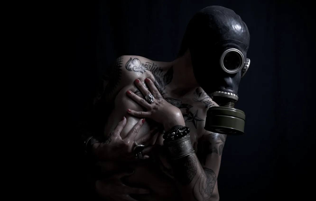 Photo wallpaper girl, hands, tattoo, gas mask