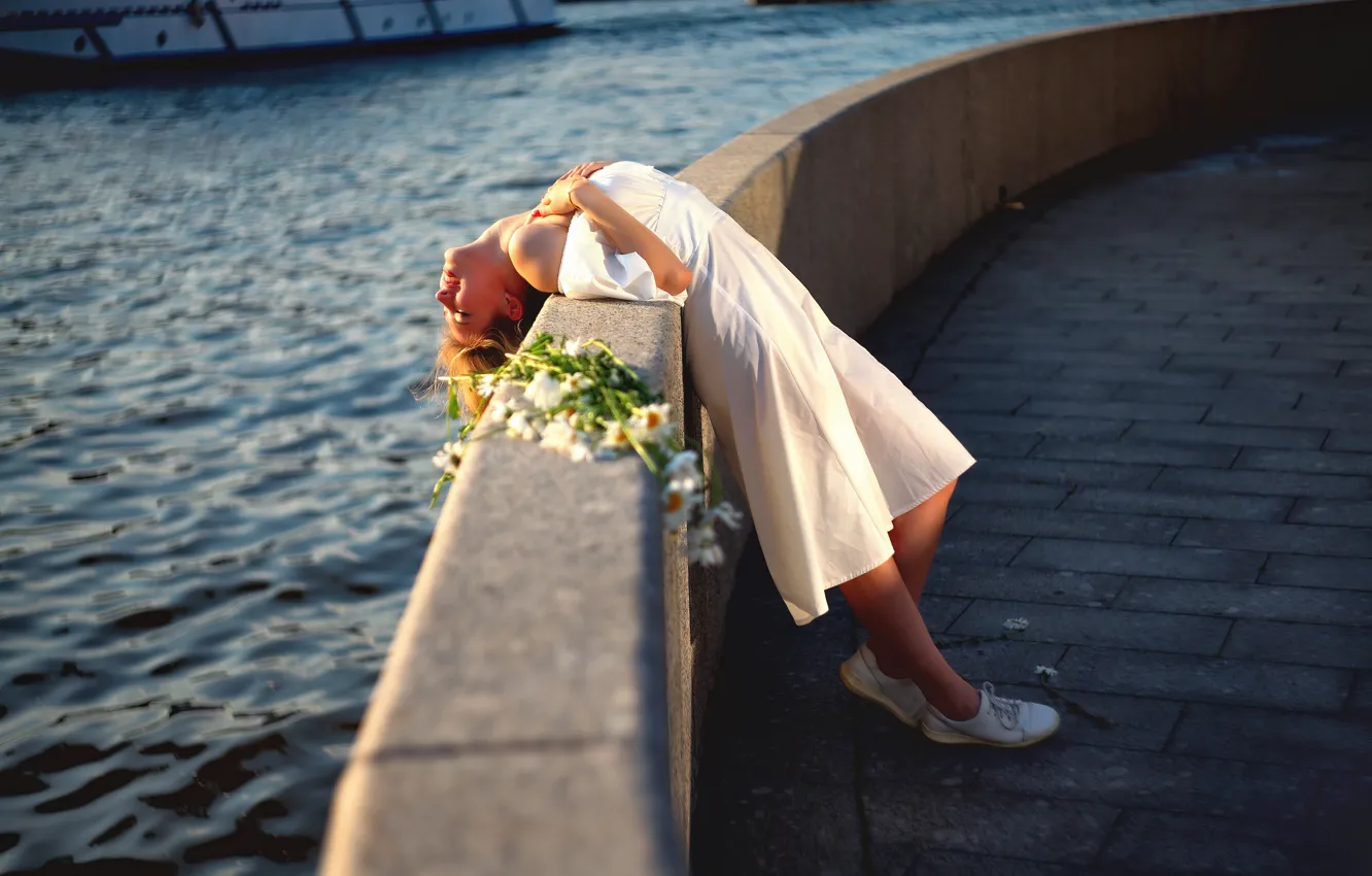 Photo wallpaper girl, flowers, river