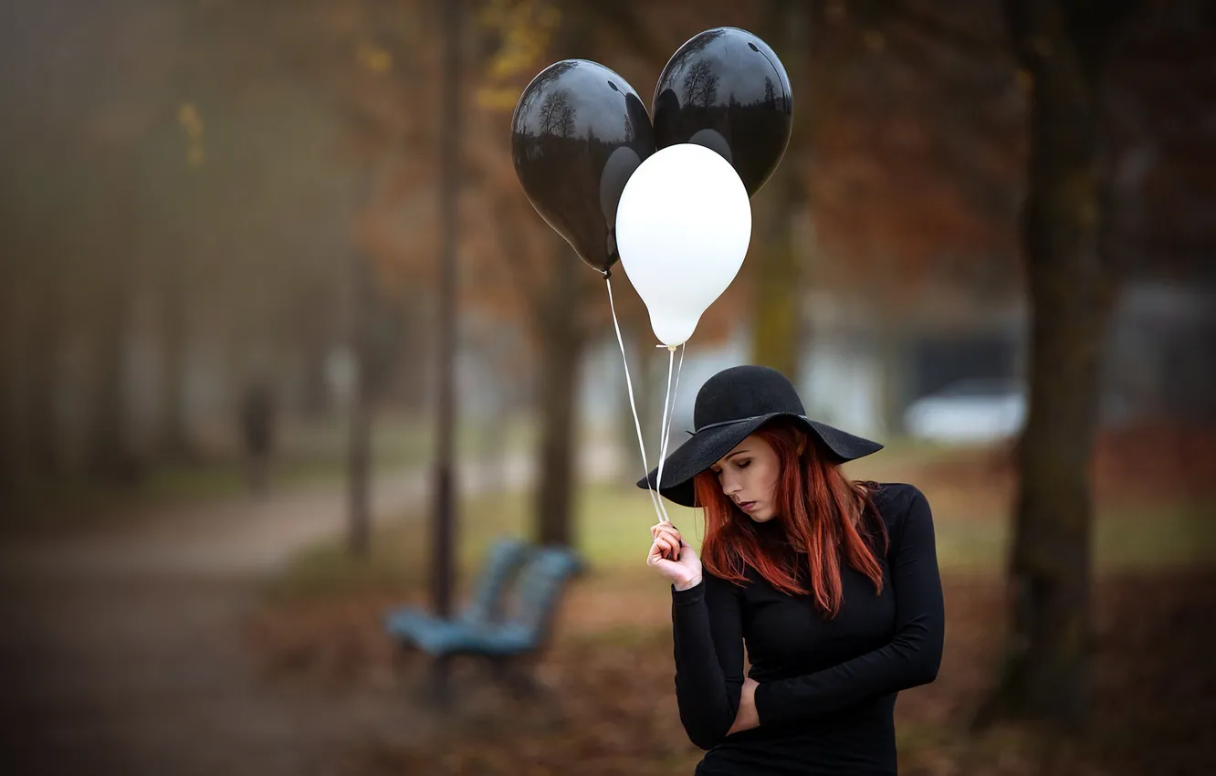 Photo wallpaper shop, pose, balls, hat, Park, in black, road, trees