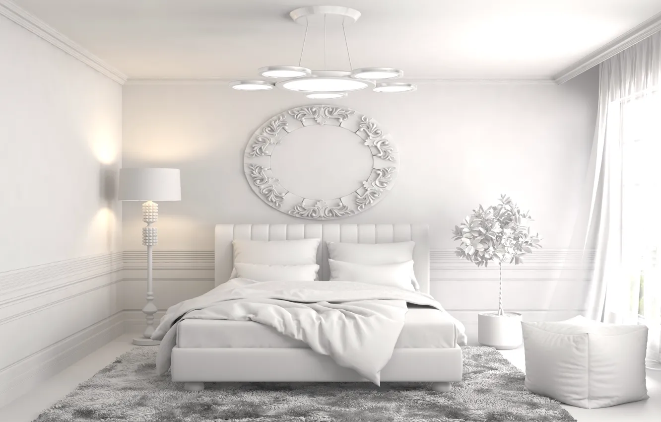 Photo wallpaper design, bed, interior, chandelier, bedroom