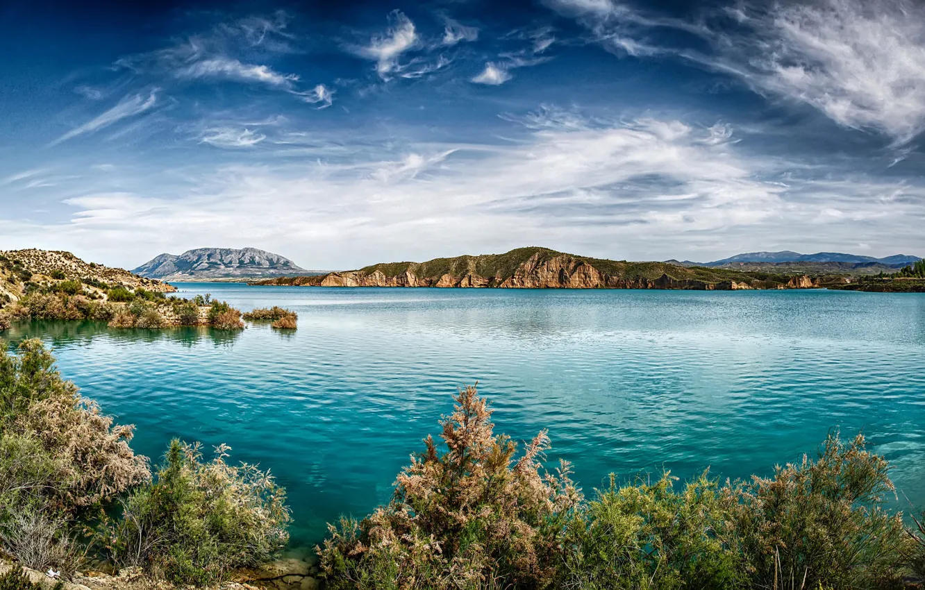 Photo wallpaper clouds, landscape, mountains, nature, lake, vegetation, Spain, Malaga