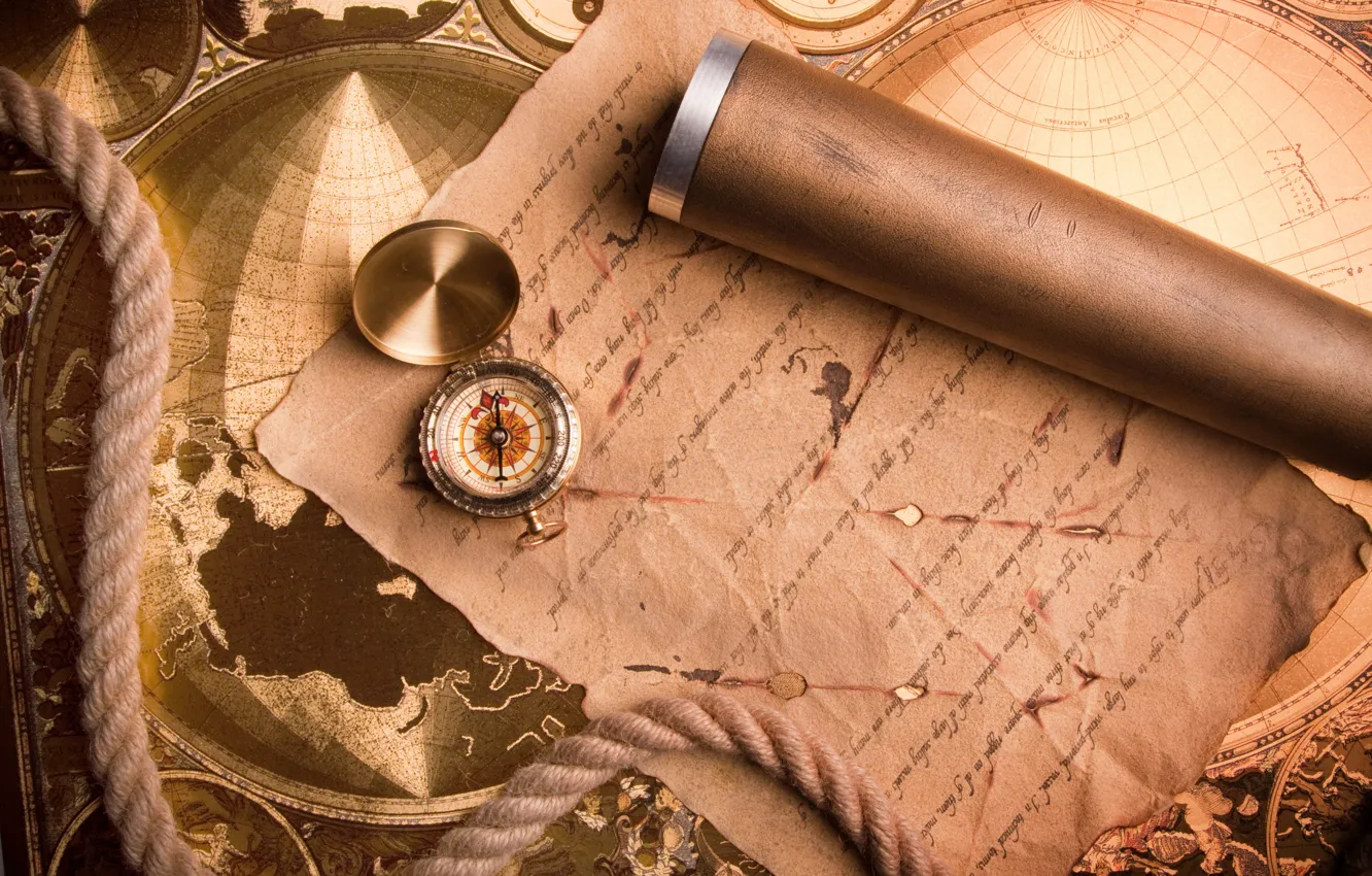 Photo wallpaper map, rope, compass, the manuscript
