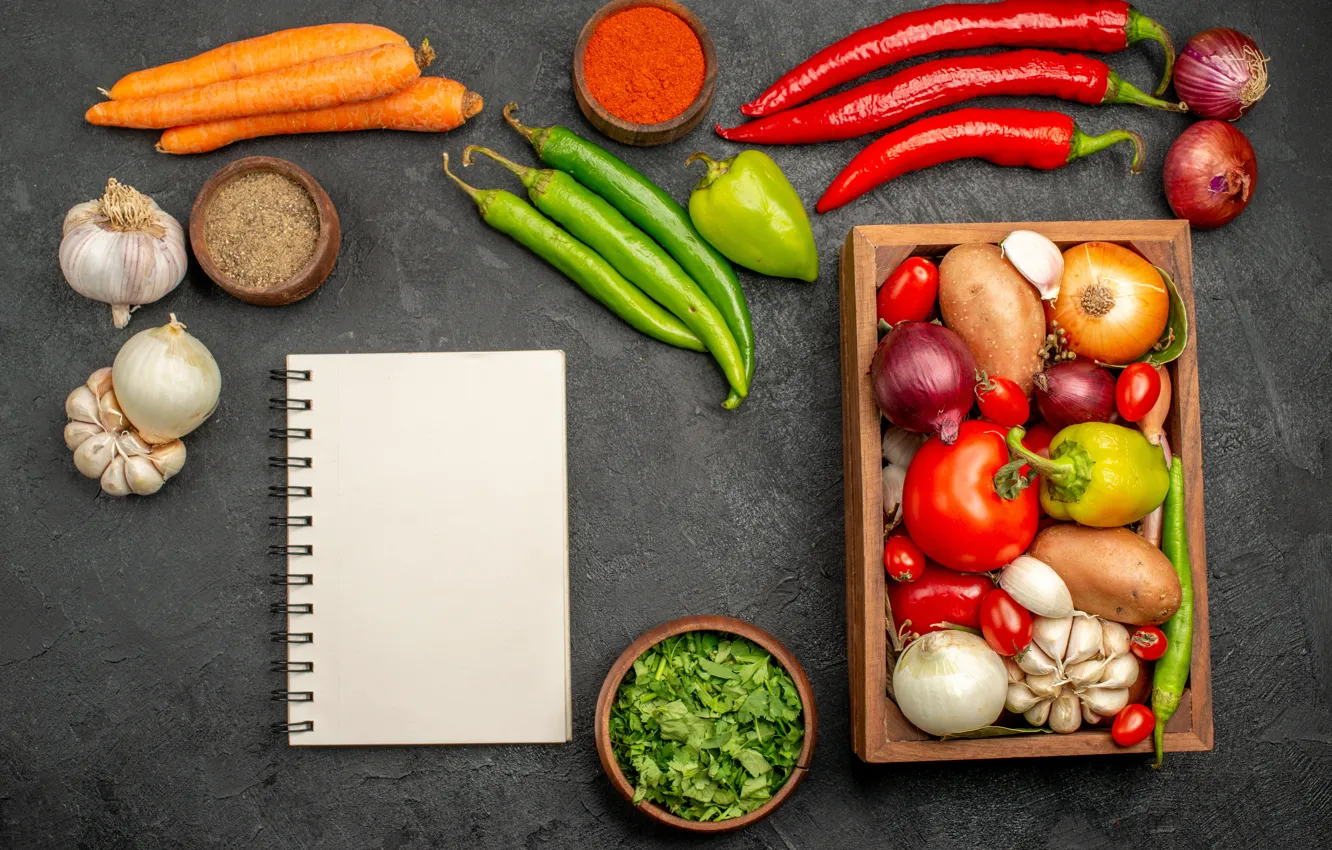 Photo wallpaper bow, Notepad, pepper, vegetables