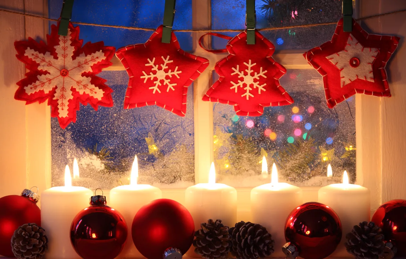 Photo wallpaper stars, snow, decoration, snowflakes, Windows, candles, New year, star