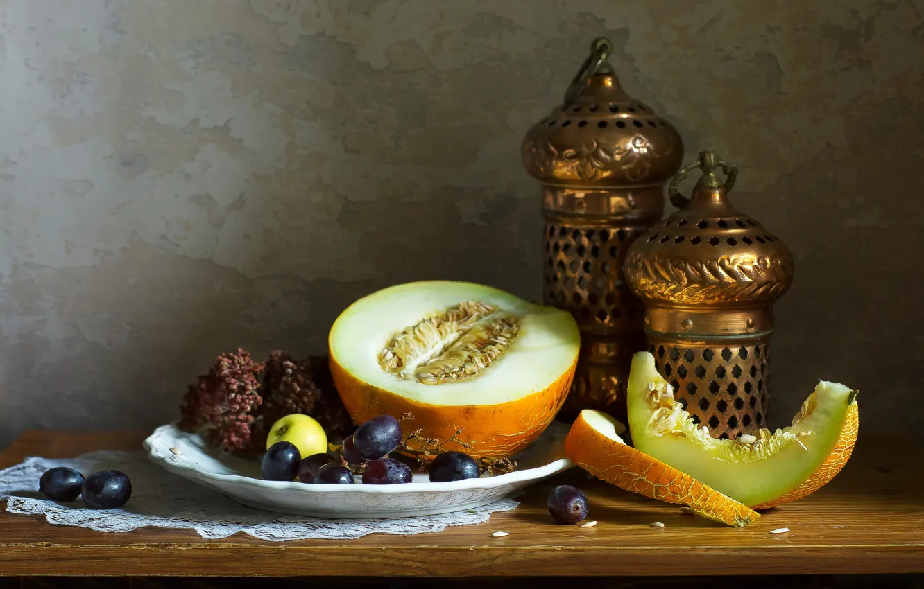 Photo wallpaper table, plate, grapes, flashlight, still life, items, slices, candle holder