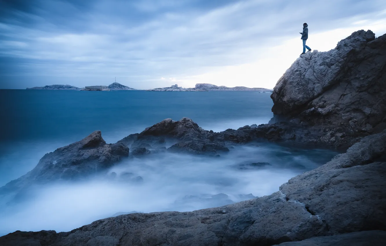 Photo wallpaper wave, the sky, clouds, landscape, nature, rock, the ocean, people