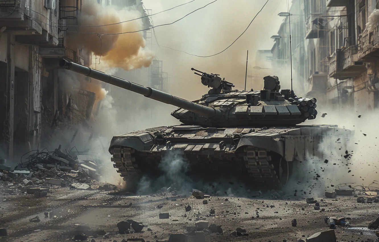 Photo wallpaper smoke, building, home, tank, devastation, digital art, AI art, The Art of Artificial Intelligence