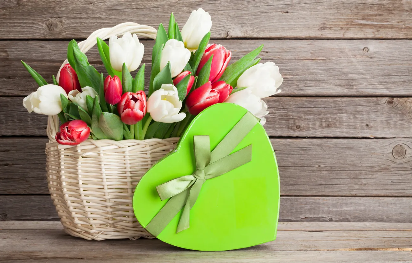 Photo wallpaper flowers, gift, bouquet, tulips, red, love, white, heart