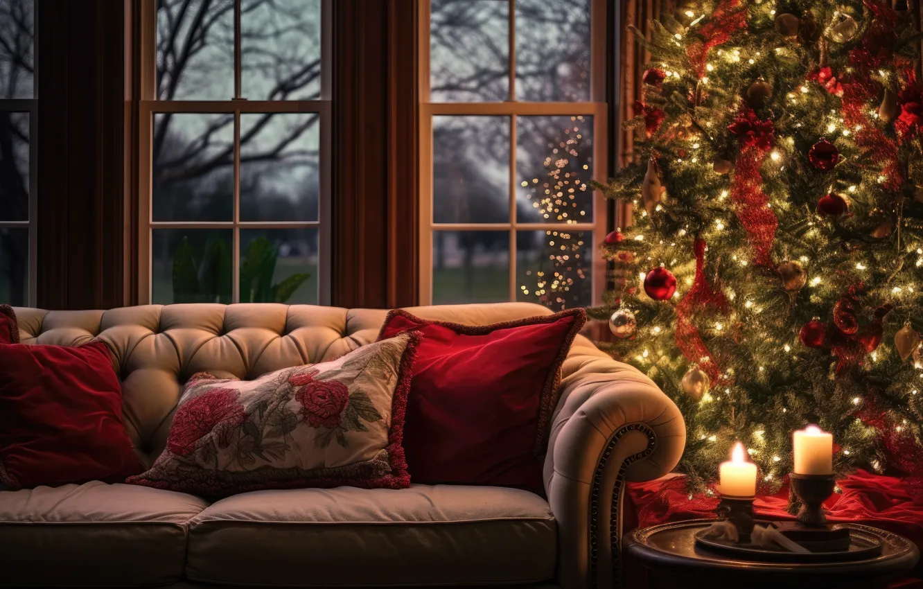 Photo wallpaper decoration, room, sofa, balls, tree, interior, New Year, Christmas