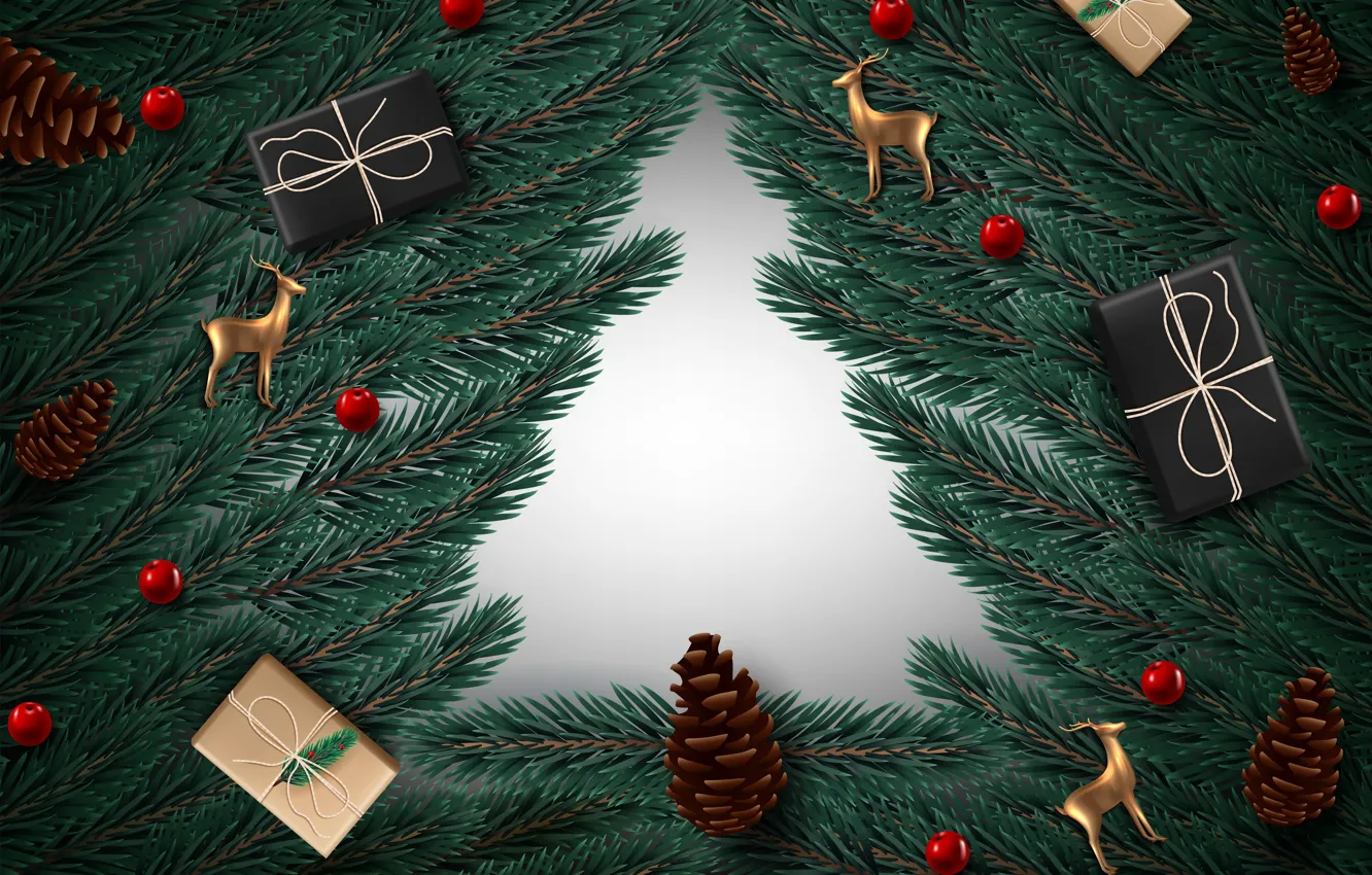 Photo wallpaper branches, photo, gift, new year, deer, bumps, vector graphics