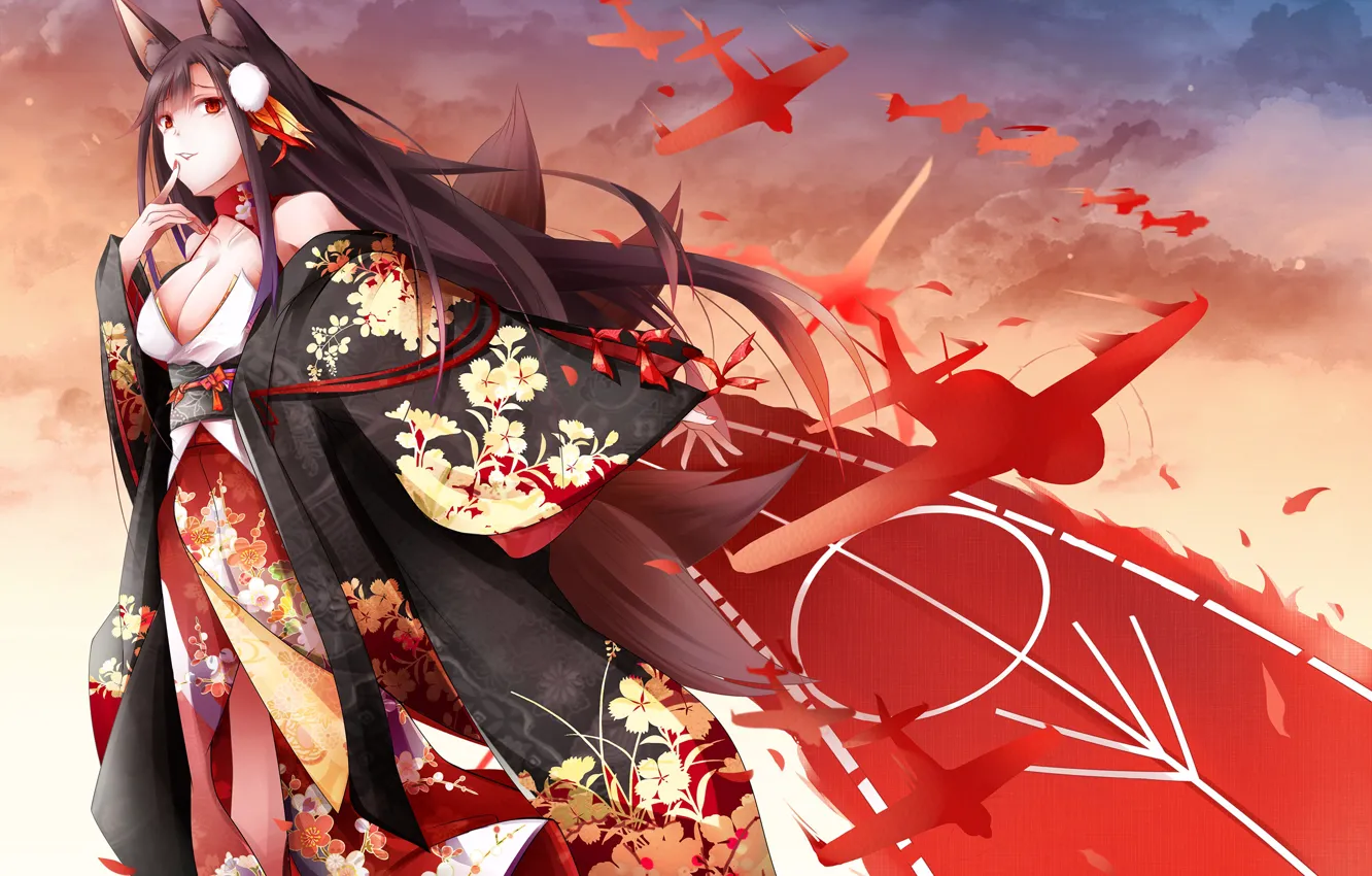 Photo wallpaper look, girl, anime, aircraft, akagi, azur lane