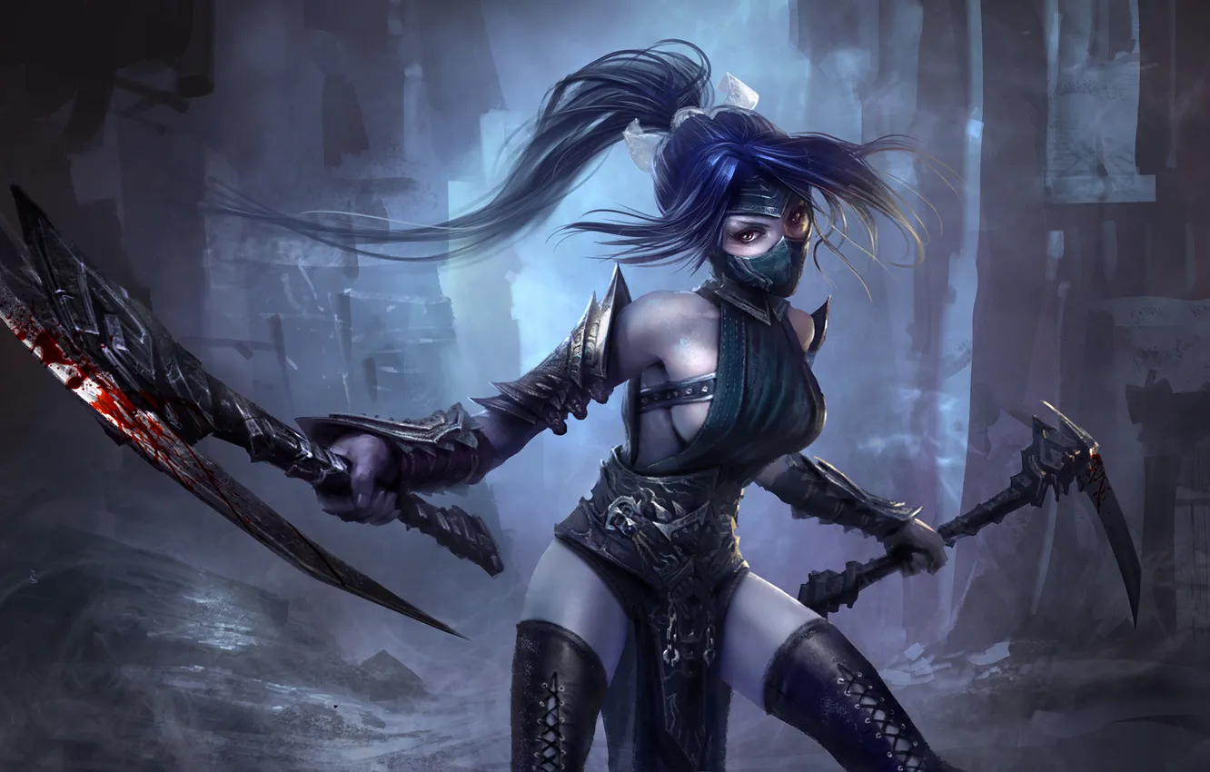 Photo wallpaper girl, braid, art, Akali, League of Legends, Fist of Shadow