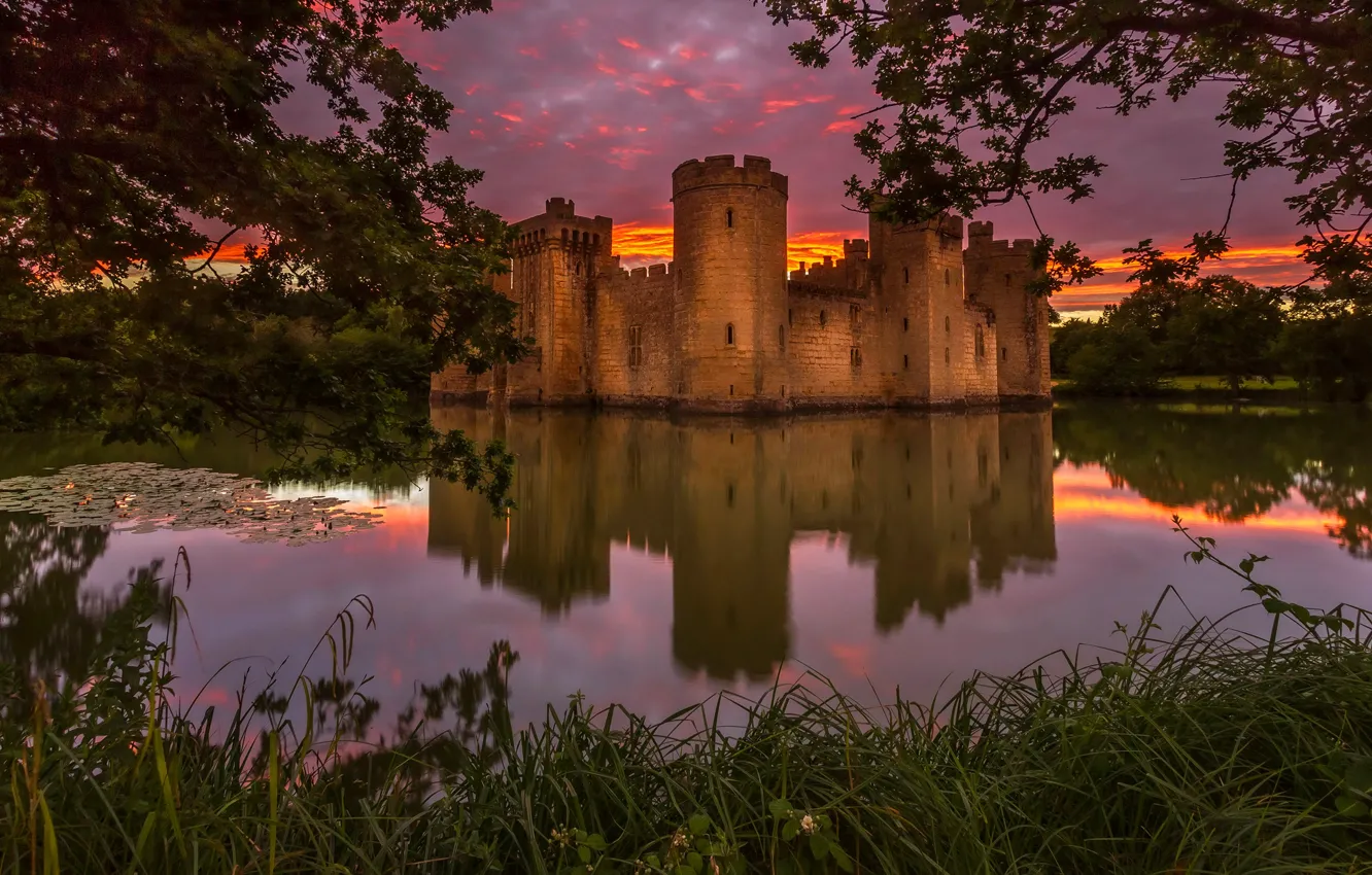 Photo wallpaper grass, water, trees, sunset, branches, pond, reflection, castle