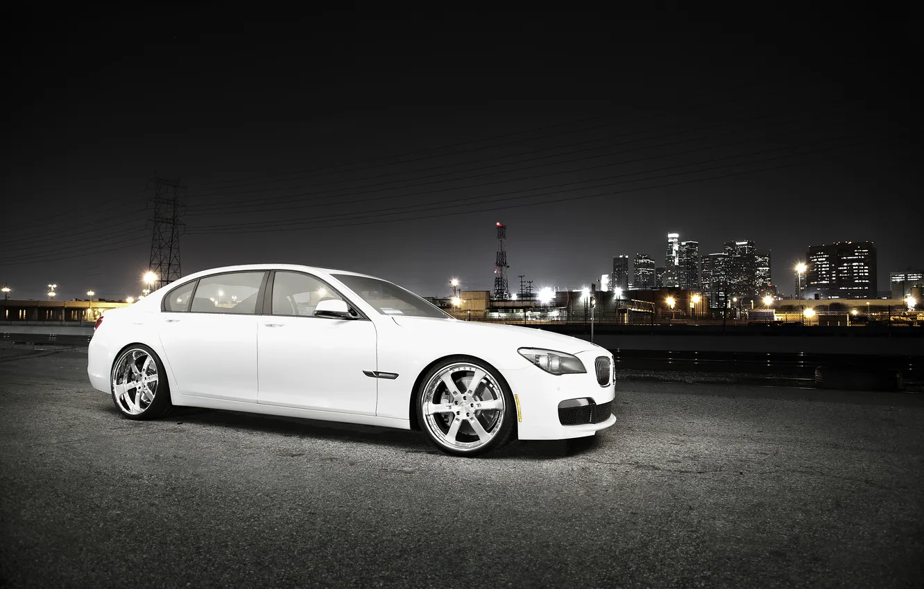 Photo wallpaper white, night, the city, BMW, skyscrapers, BMW, white, megapolis
