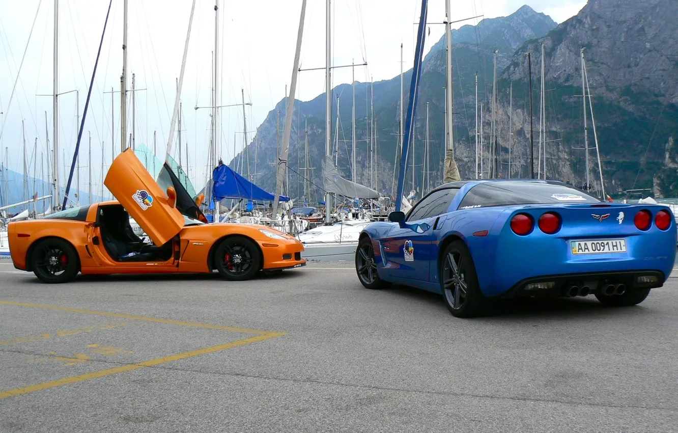Photo wallpaper corvette, chevrolet, blue, orange