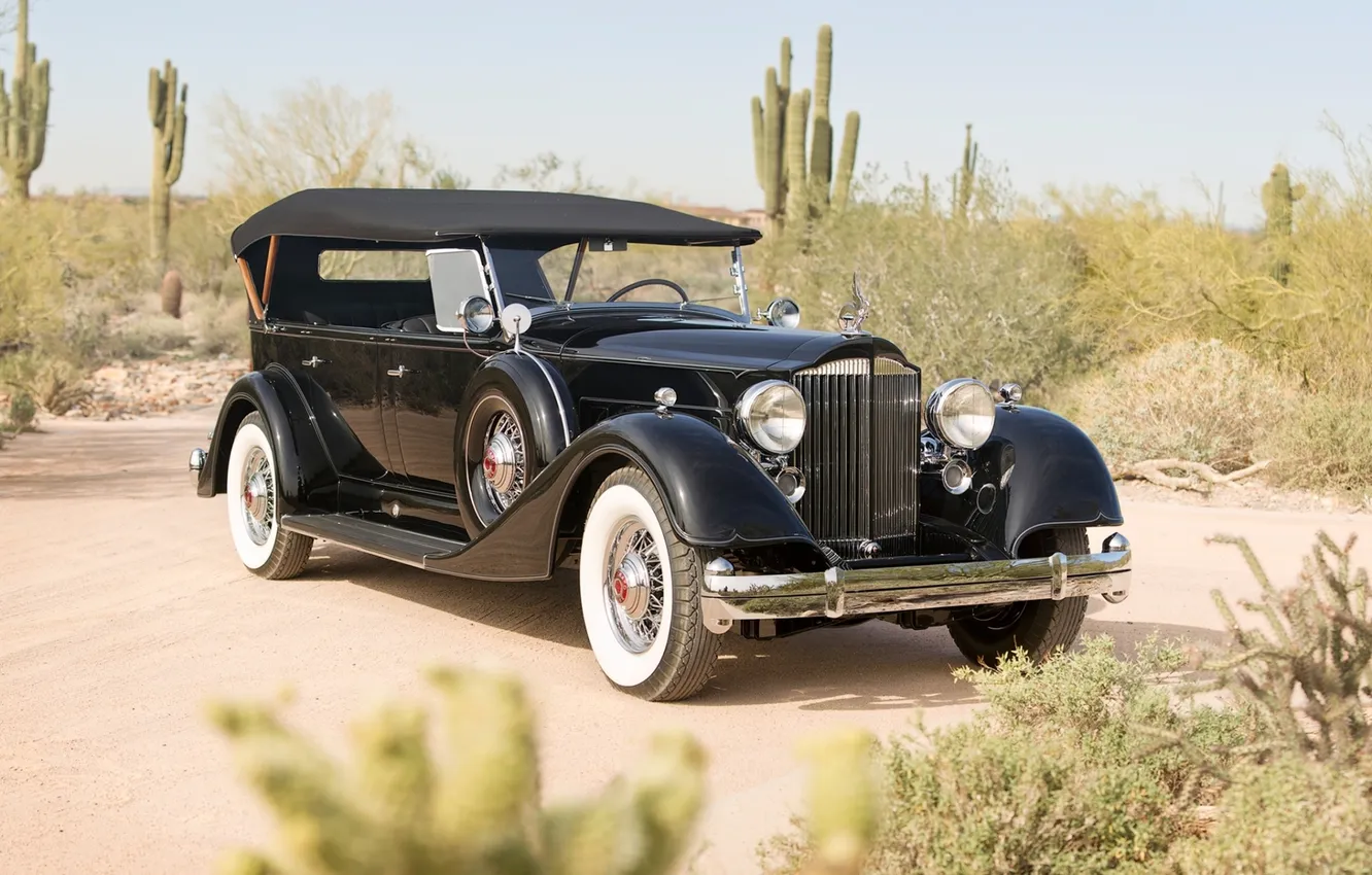 Photo wallpaper retro, black, desert, cactus, the front, Touring, Twelve, Packard