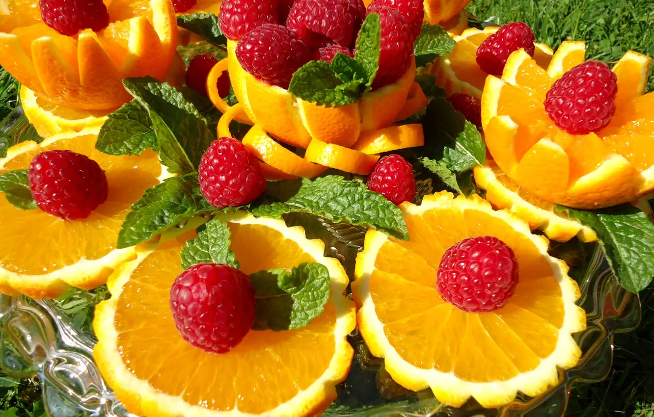 Photo wallpaper berries, raspberry, orange, fruit