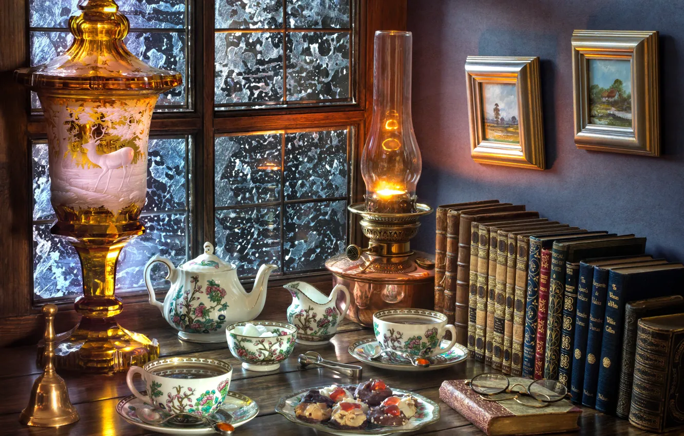 Photo wallpaper style, tea, books, lamp, cookies, window, glasses, the tea party
