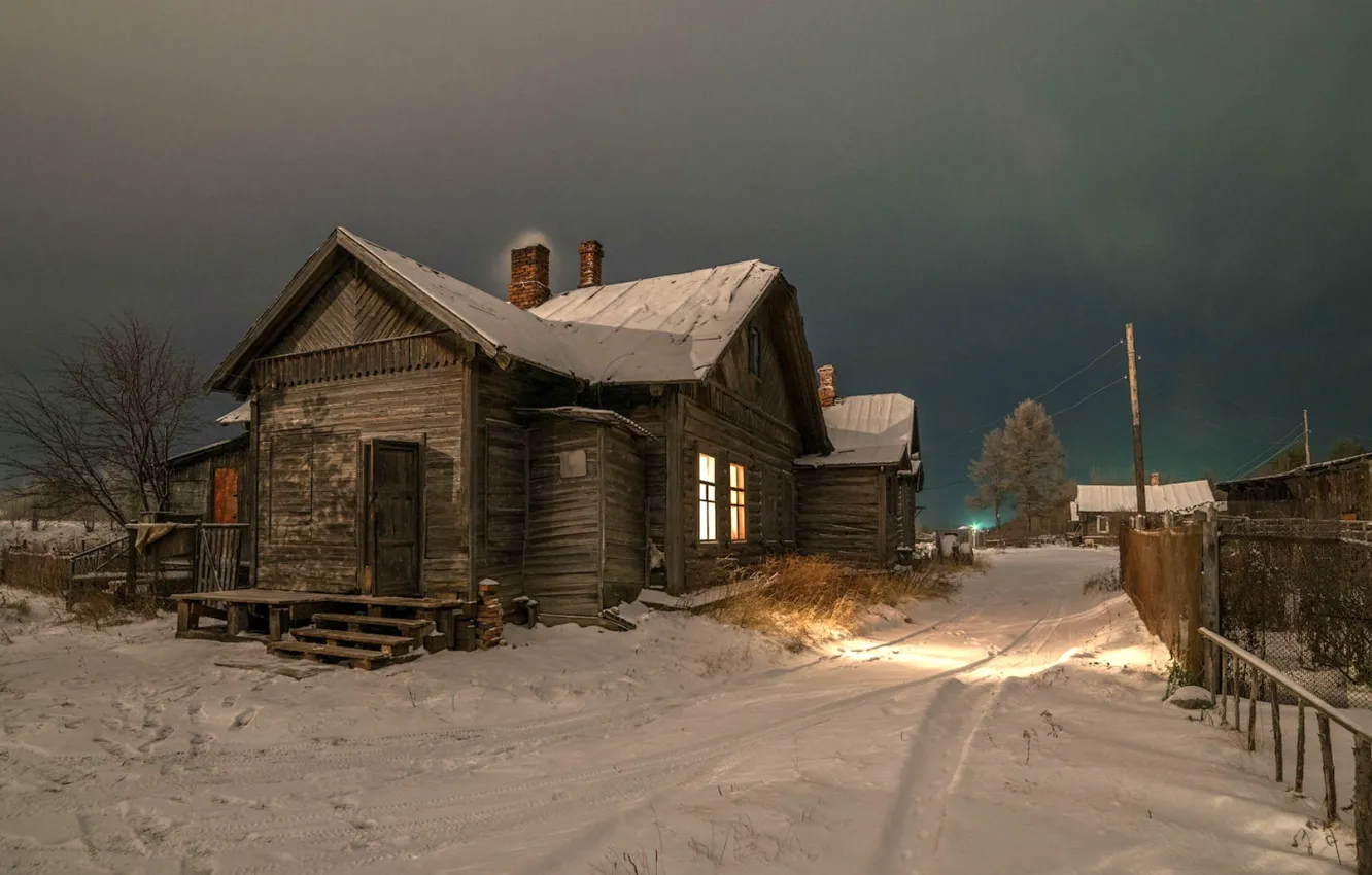 Photo wallpaper rural street, snow, winter, village, twilight
