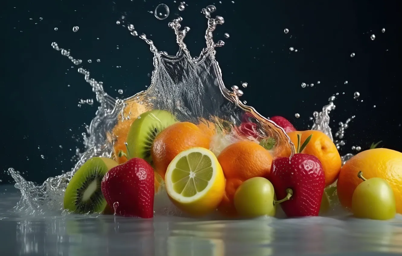 Photo wallpaper water, berries, lemon, orange, splash, kiwi, strawberry, fruit