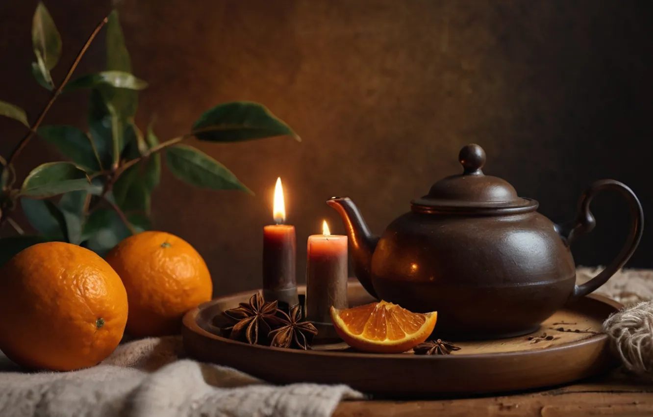 Photo wallpaper leaves, branches, table, oranges, candles, kettle, still life, tray