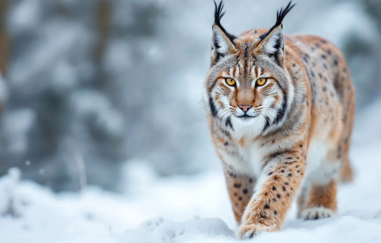 Photo wallpaper winter, forest, look, snow, nature, the snow, walk, lynx