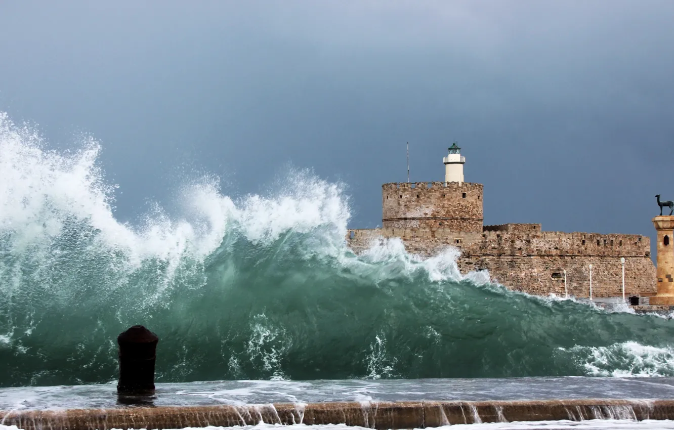 Photo wallpaper sea, wave, lighthouse