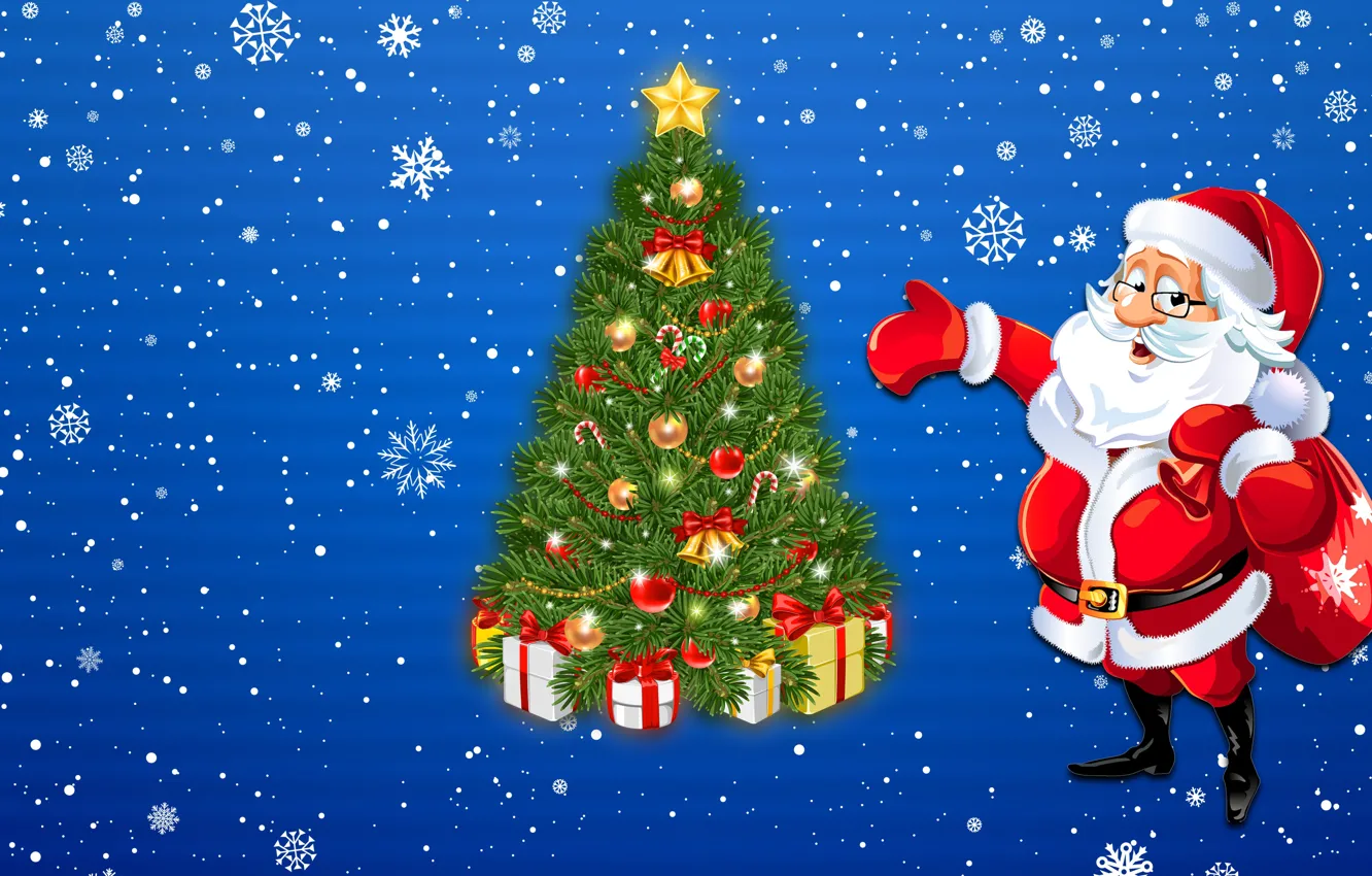 Photo wallpaper winter, decoration, snowflakes, background, holiday, gift, tree, new year