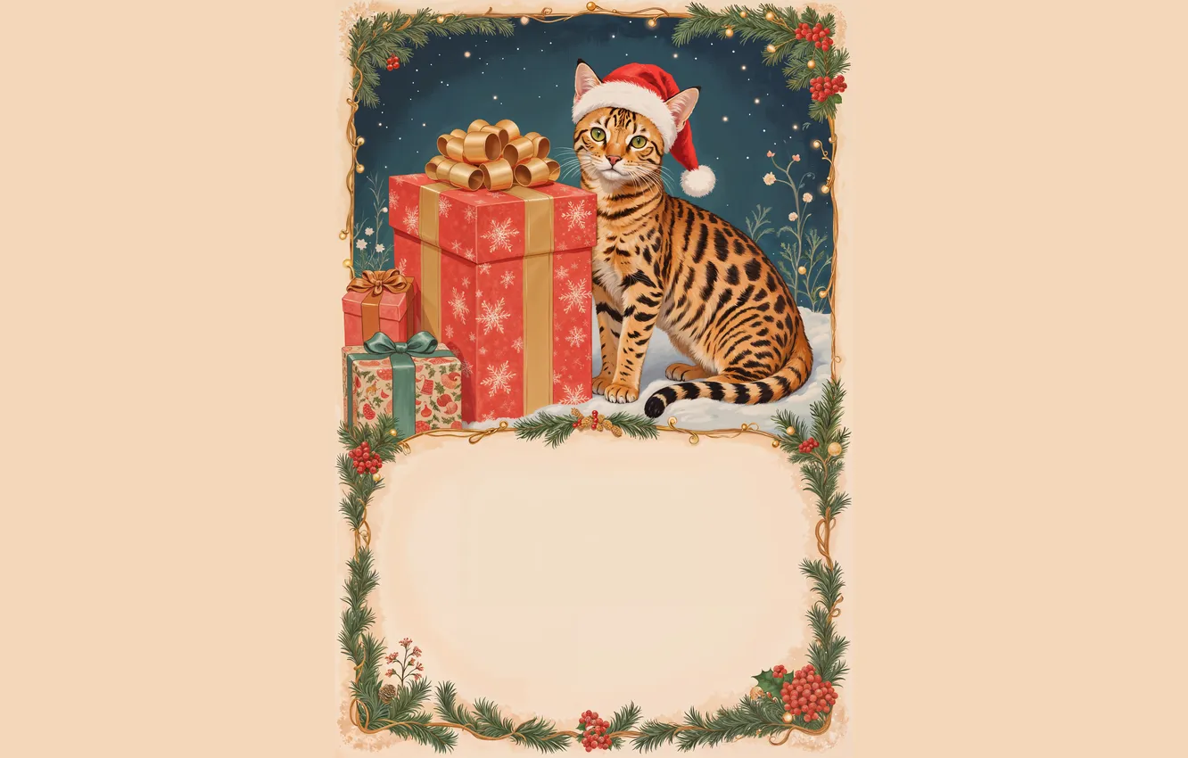 Photo wallpaper winter, cat, cat, look, snow, gift, new year, frame