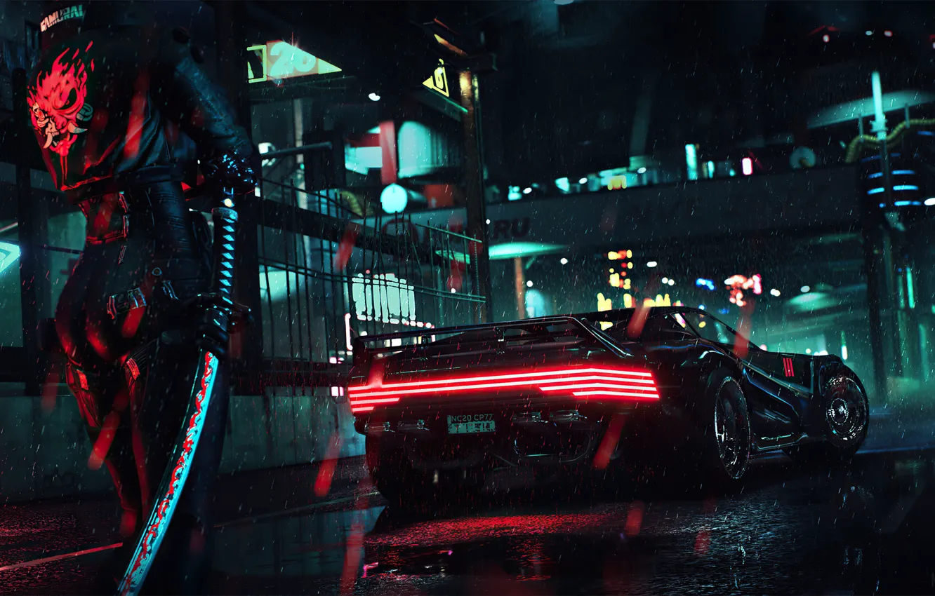 Photo wallpaper lights, future, rain, night, katana, samurai, cyberpunk 2077