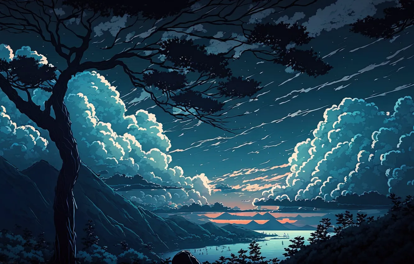 Photo wallpaper clouds, landscape, river, beauty, space, lonely tree, digital art, digital art