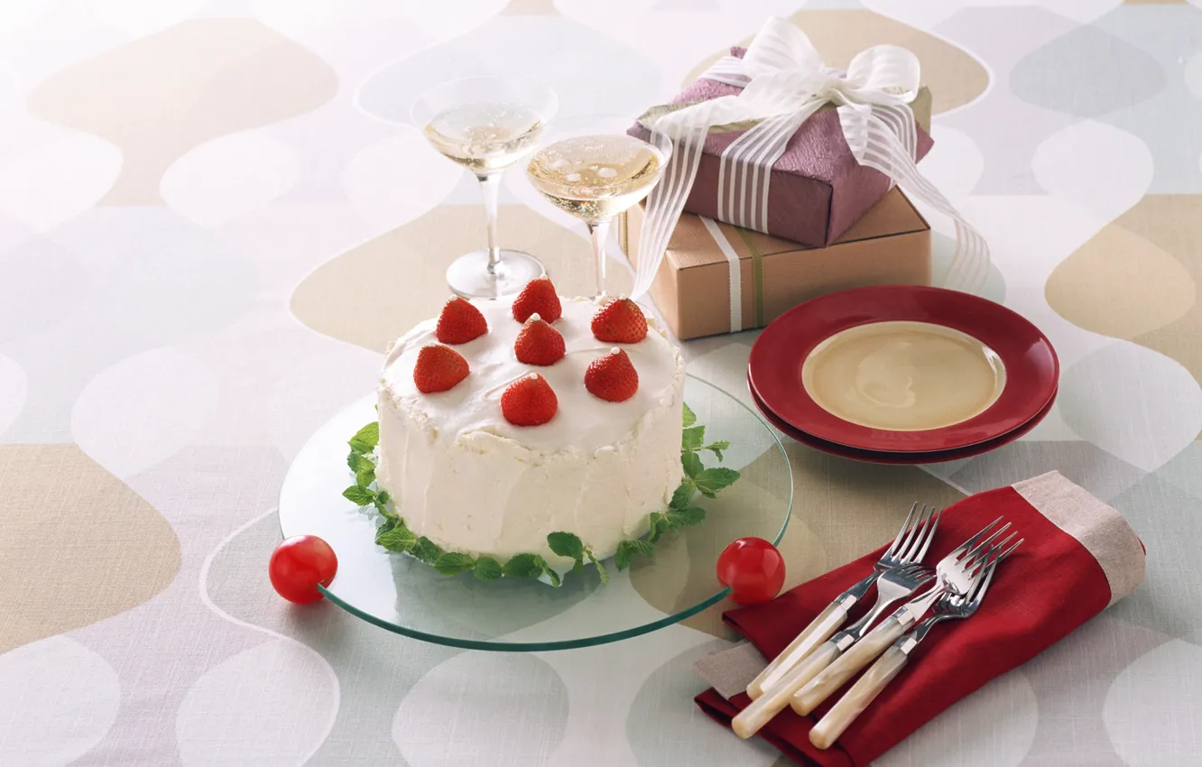 Photo wallpaper gift, glasses, strawberry, tape, cake, cake, fork, 1920x1200