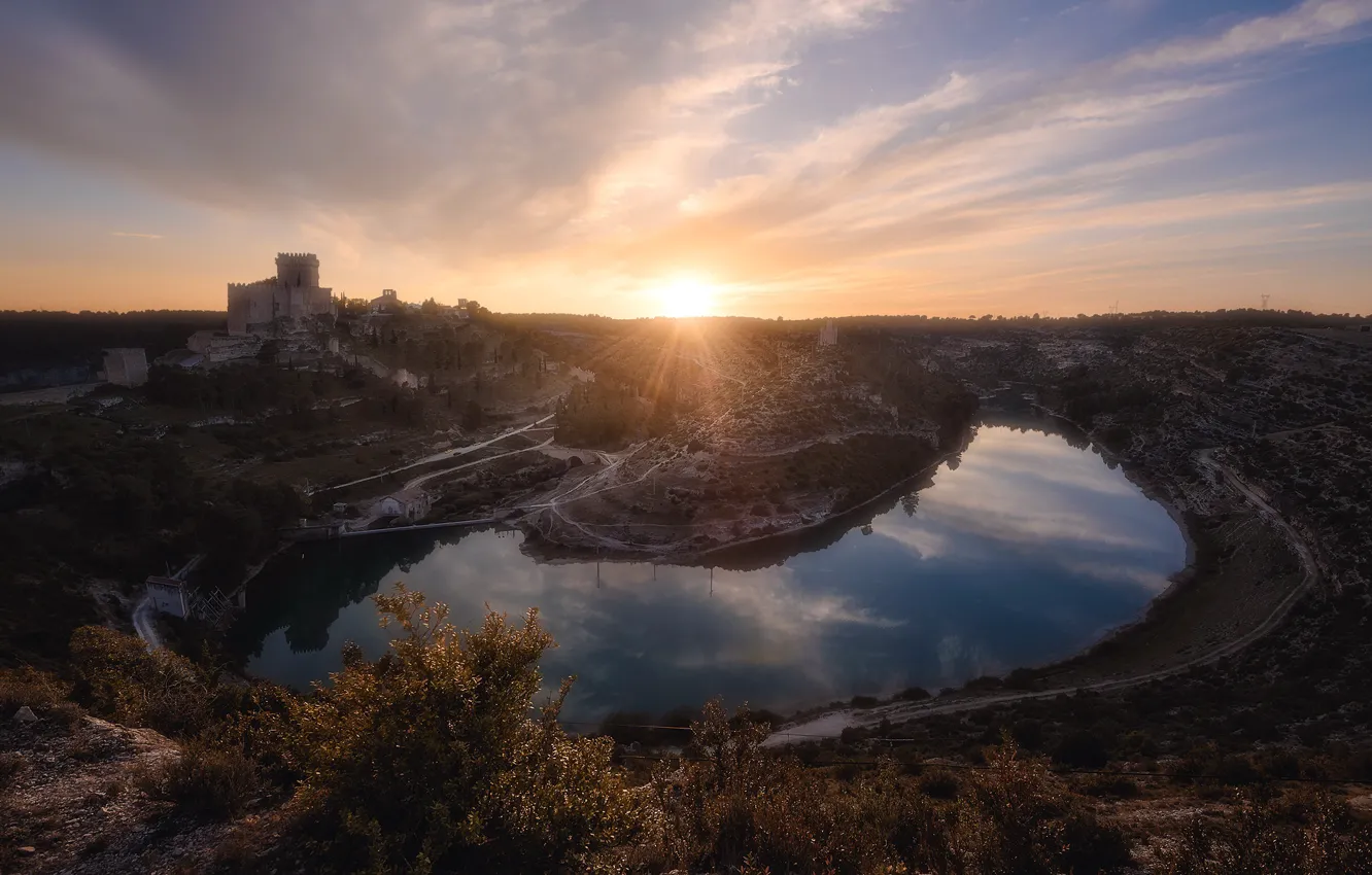 Photo wallpaper river, castle, morning