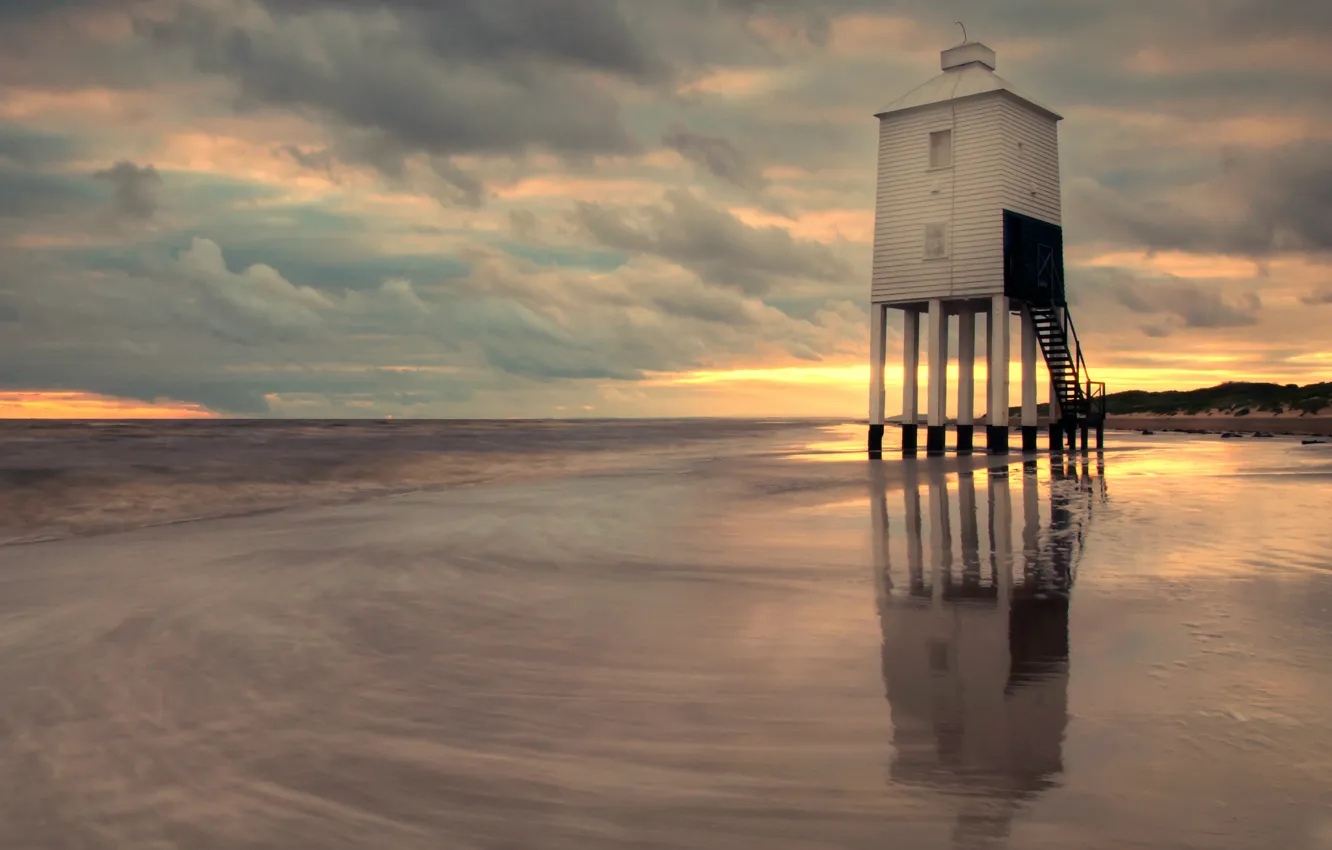 Photo wallpaper sea, the sky, clouds, sunset, clouds, shore, lighthouse, England