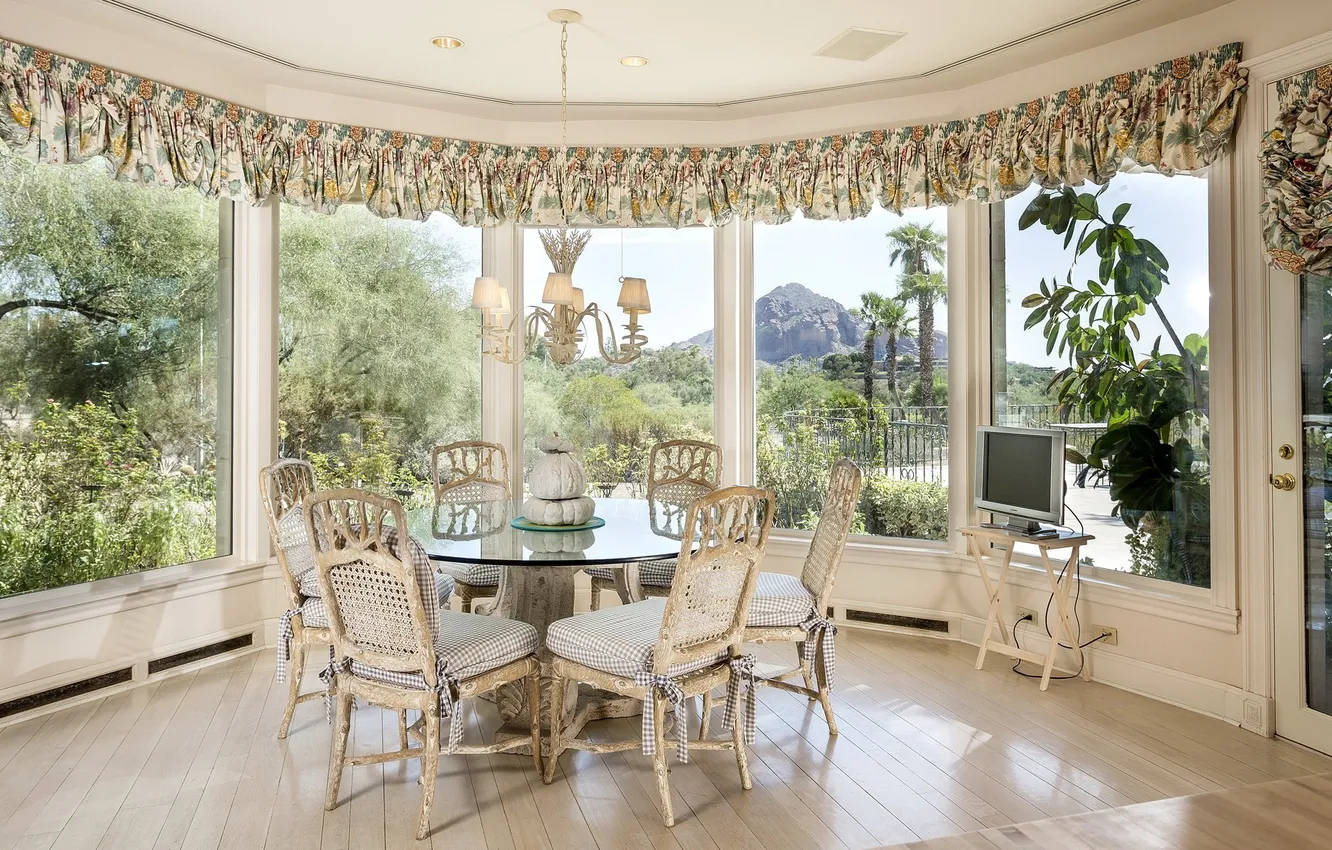 Photo wallpaper design, style, Villa, interior, dining room in the bay window, a room with access to …