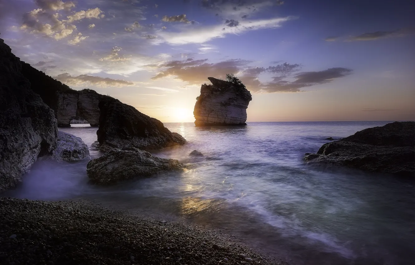 Photo wallpaper sea, sunset, rocks, shore