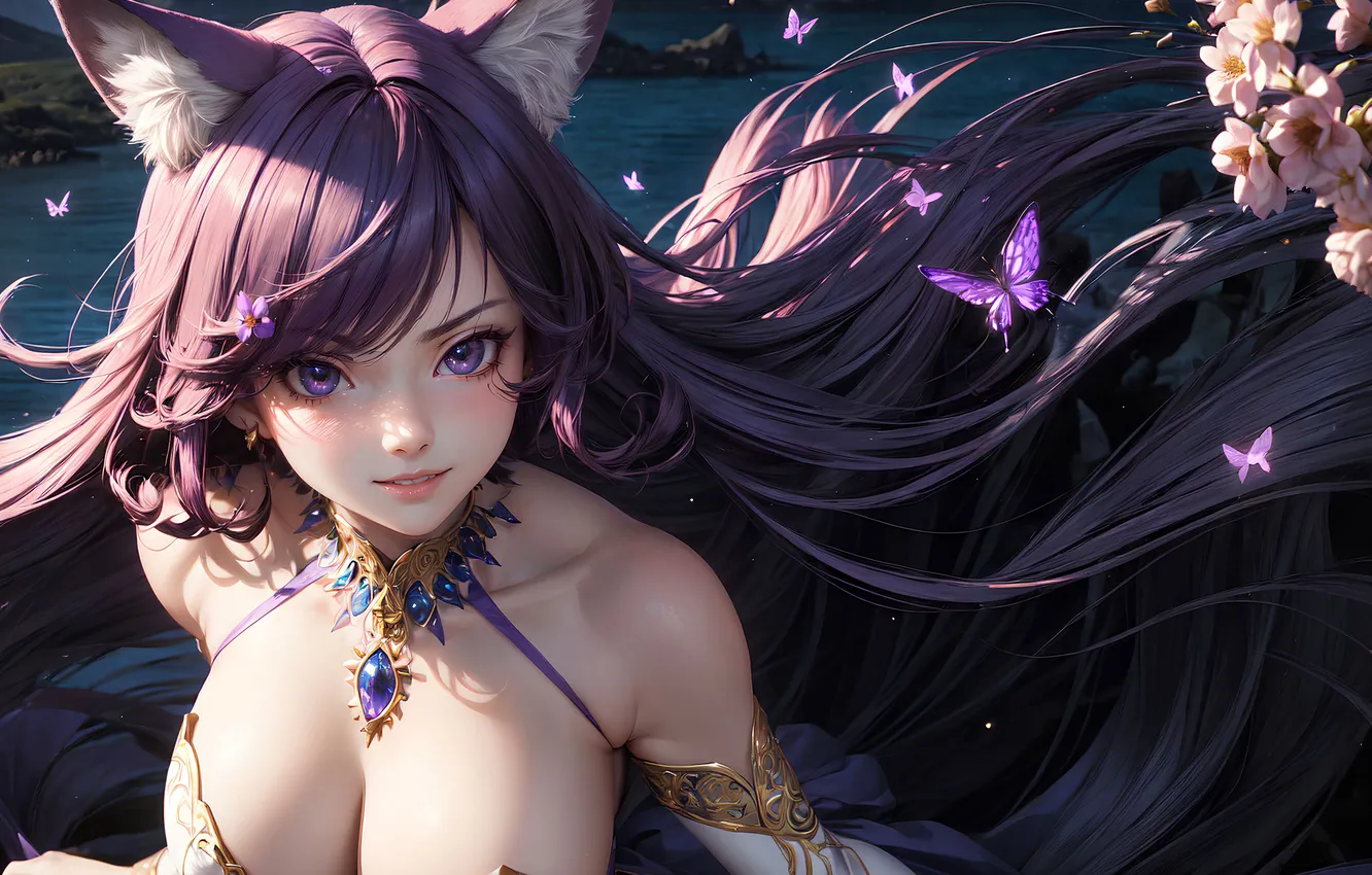 Photo wallpaper look, ears, girl, kitsune, Fox, anime, butterfly