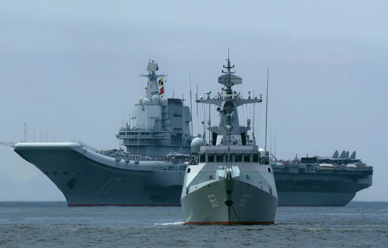 Photo wallpaper China, Jingmen Corvette, aircraft carrier Shandong