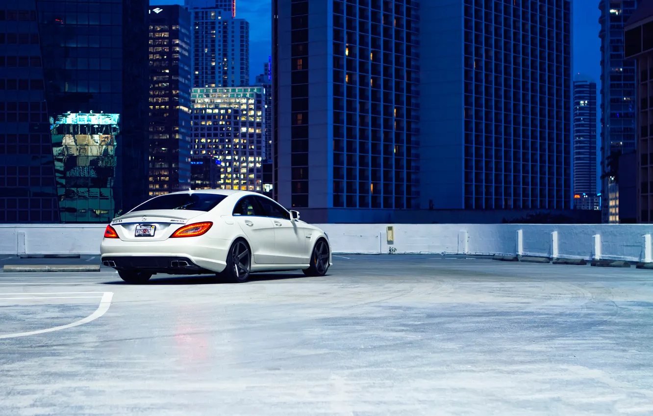 Photo wallpaper white, the city, Parking, Mercedes, megapolis, AMG, CLS63