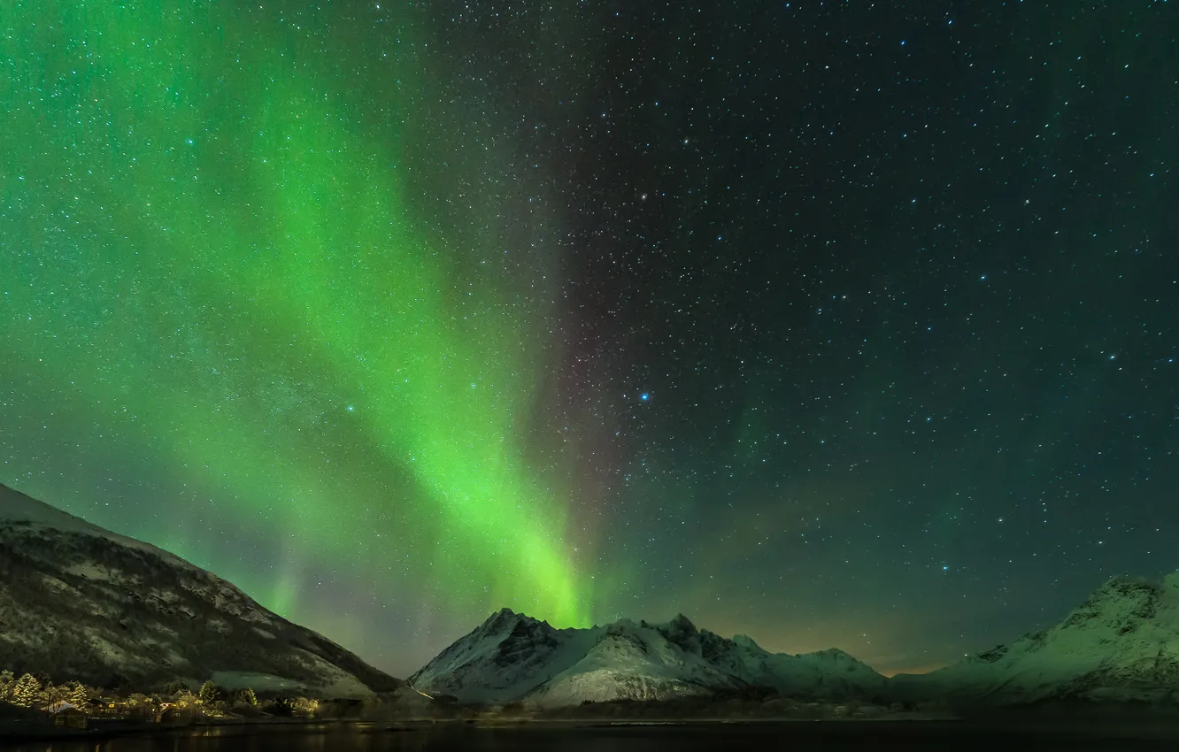 Photo wallpaper the sky, stars, mountains, Northern lights