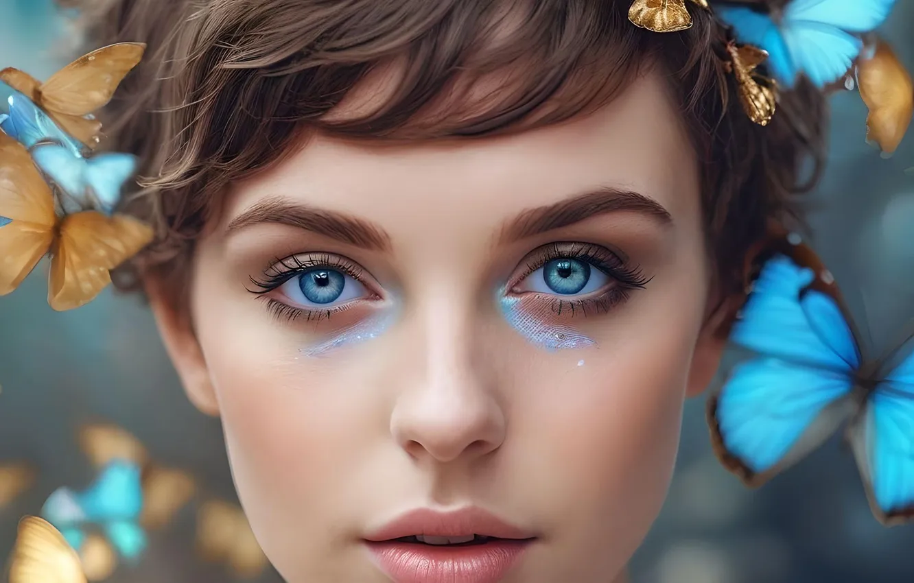 Photo wallpaper look, girl, face, butterfly, lips, blue eyes, generated by AI