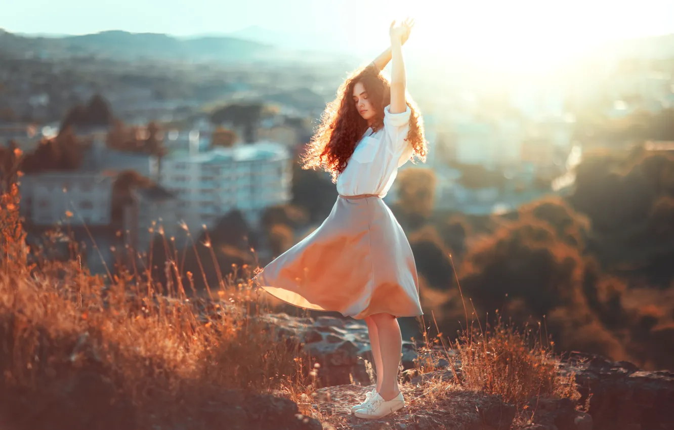 Photo wallpaper summer, grass, girl, the sun, rays, light, mountains, nature