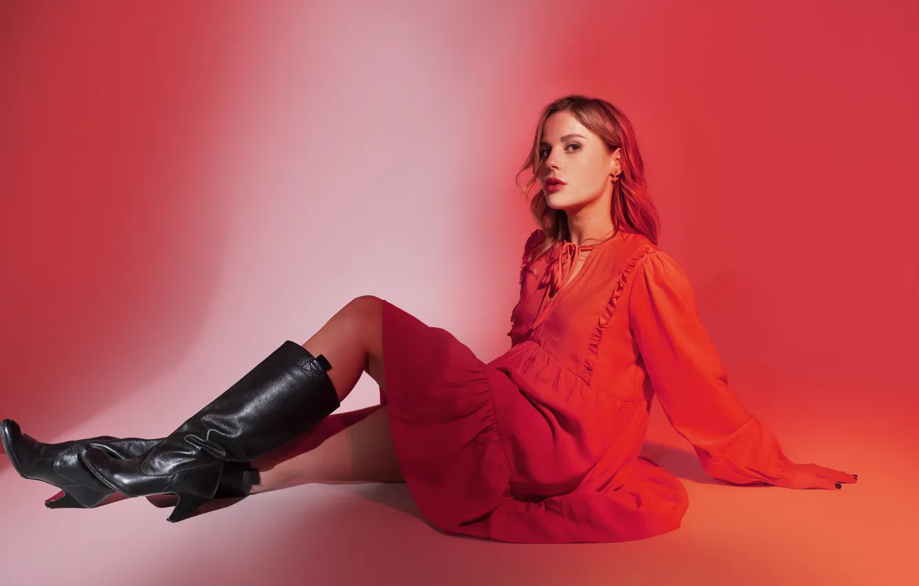 Photo wallpaper red, girl, dress, pretty, cute, boots
