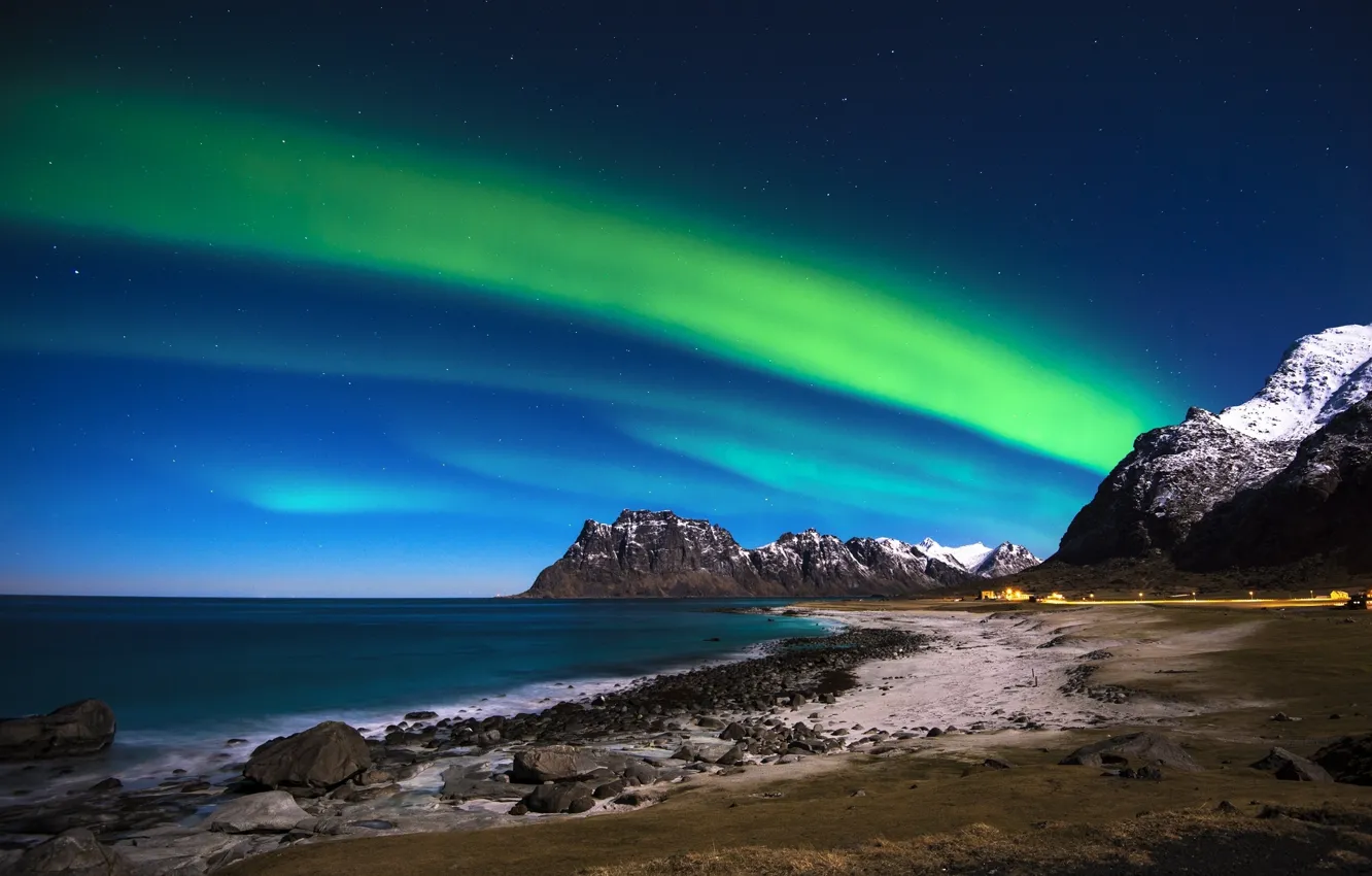 Photo wallpaper sea, the sky, mountains, stones, coast, Northern lights, Norway, Norway