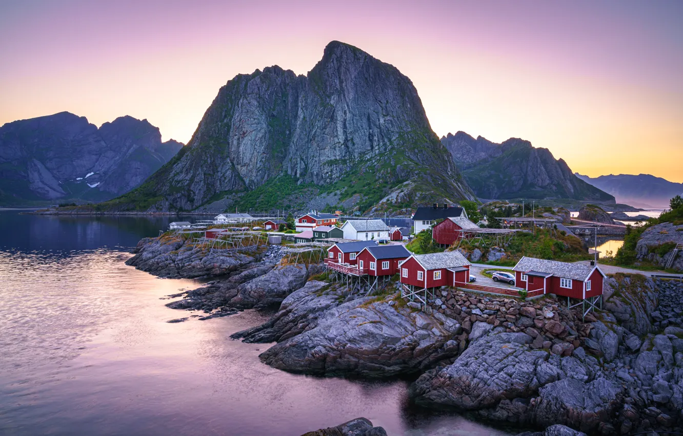 Photo wallpaper the sky, mountains, stones, rocks, shore, the evening, Norway, house
