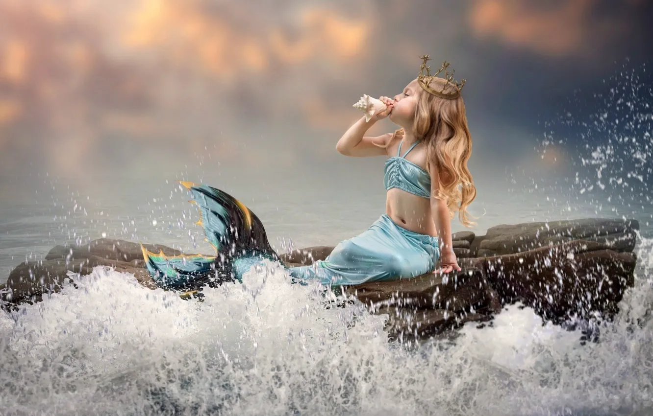Photo wallpaper wave, crown, sink, tail, little, on the stone, the little mermaid, sea foam