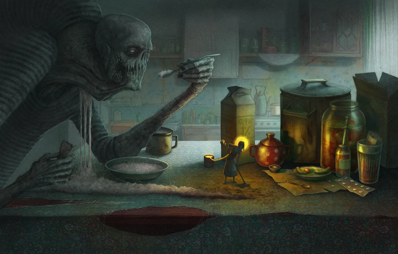 Photo wallpaper Monster, Table, Food, Supernatural beings, Having lunch