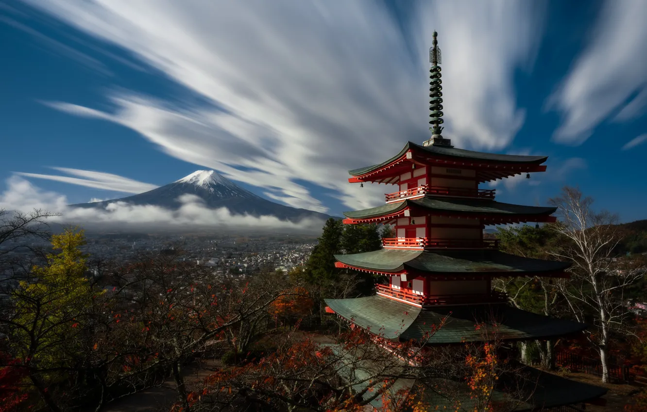 Photo wallpaper mountain, Japan, pagoda, Honshu, Fuji, Mount Fuj