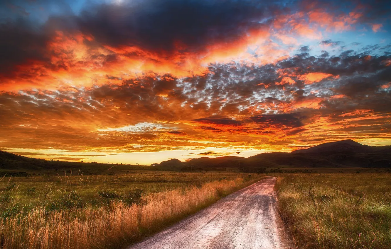Photo wallpaper road, clouds, sunset, Brazil, Chapada dos Veadeiros National Park